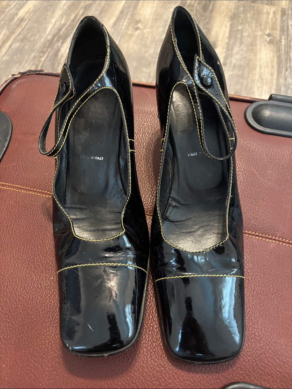 Prada Black Patent Leather Mary Jane Pumps with Yellow Contrast Stitching